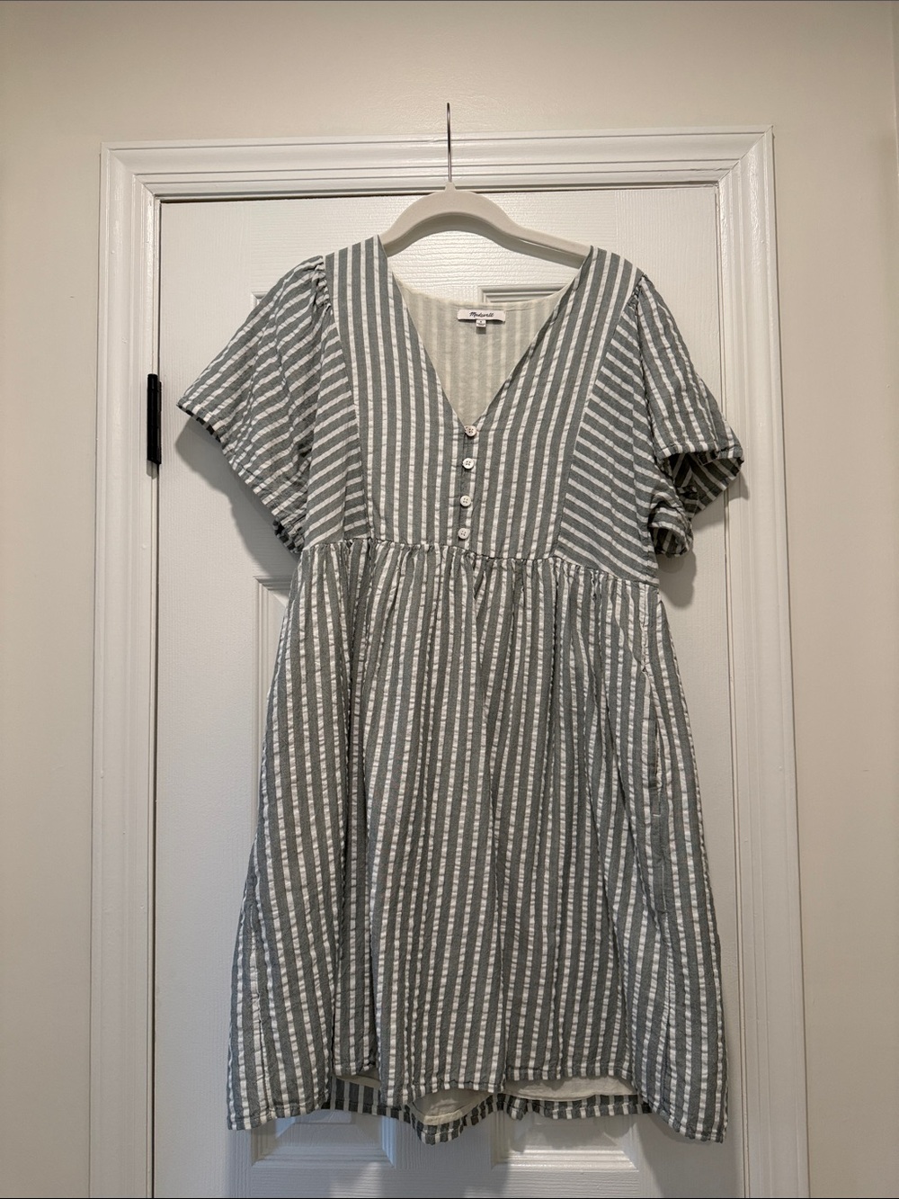 Madewell Sage and White Striped V-Neck Mini Dress